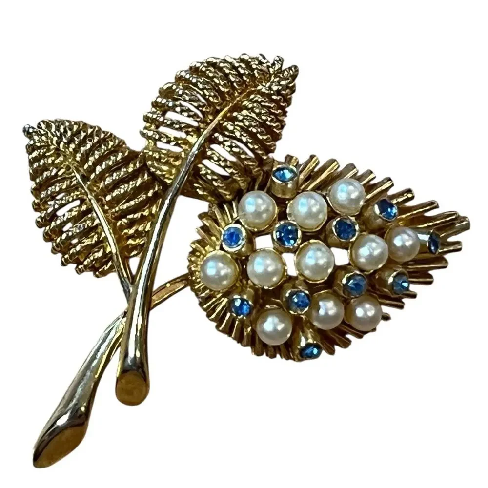 Vtg Sphinx Bar Brooch Pin Leaves Gold Rhinestones Faux Pearls Signed Numbered